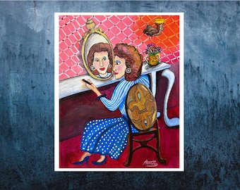 Woman in Mirror Art Print: Stylish Girly Vanity Decor