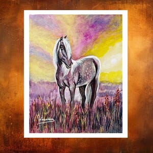 White Horse Painting, Horse Wall Art, Equestrian Wall Decor, Dreamy Animal Art, Countryside Wall Art, Sunset Horse Artwork