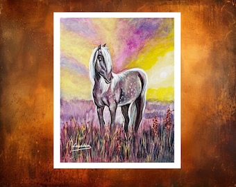 White Horse Sunset Painting: Dreamy Equestrian Wall Art (Digital Print)