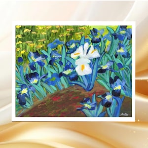 Irises Wall Art Print Inspired by Van Gogh, Blue and White Irises Painting for Home Decor, Floral Garden Artwork, Gift for Art Lovers