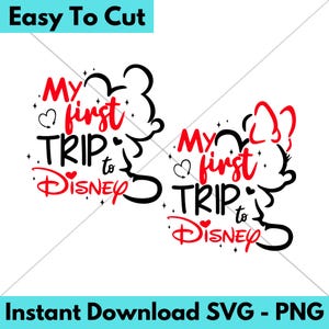 Pode incluir: Design de corte SVG preto e vermelho com orelhas do Mickey Mouse com o texto "Minha primeira viagem para a Disney".