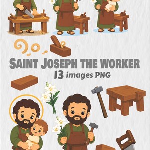 Pode incluir: Uma coleção digital de 13 imagens PNG de São José Operário, apresentando um homem barbudo com túnica verde e avental castanho, segurando ferramentas como serra e martelo, carregando uma criança ou segurando lírios, junto a móveis de madeira.