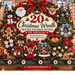 May include: A digital advertisement for a 20 Christmas Wreath crochet patterns bundle PDF download. The image features a large wreath decorated with crocheted figures including Santa, a snowman, a reindeer, and gingerbread men, plus text.