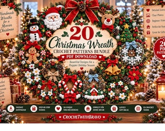 May include: A digital advertisement for a 20 Christmas Wreath crochet patterns bundle PDF download. The image features a large wreath decorated with crocheted figures including Santa, a snowman, a reindeer, and gingerbread men, plus text.