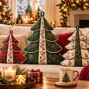 May include: Three quilted fabric Christmas tree ornaments with hanging loops. The left tree is red plaid, the center tree is dark green with holly patterns, and the right tree is cream with holly patterns. Each features a vertical center panel.