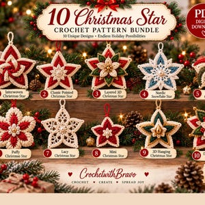 Puede incluir: Una descarga digital en PDF para un paquete de 10 patrones de ganchillo de estrellas navideñas. La imagen muestra diez adornos en forma de estrella en rojo, blanco, verde y azul, con puntadas intrincadas, cuentas y lazos para colgar.