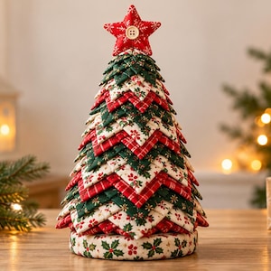 Puede incluir: Una decoración de árbol de Navidad de tela con parches triangulares superpuestos en rojo, verde y blanco con patrones de acebo y cuadros. El árbol está rematado con una estrella de tela roja con un pequeño botón blanco en el centro.