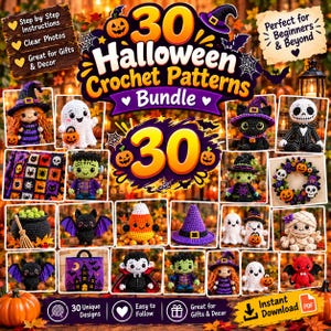 May include: A digital bundle of 30 Halloween crochet patterns featuring images of various amigurumi figures including ghosts, witches, bats, a mummy, and a pumpkin. The text reads 30 Halloween Crochet Patterns Bundle and Instant Download.