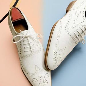 Handcrafted New Men&#39;s Genuine White Leather Oxford Brogue Wingtip Dress Shoe Men