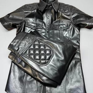 Mens Real Cow Leather Quilted Panels Pants & Police Shirt R.Black Uniform, Handmade