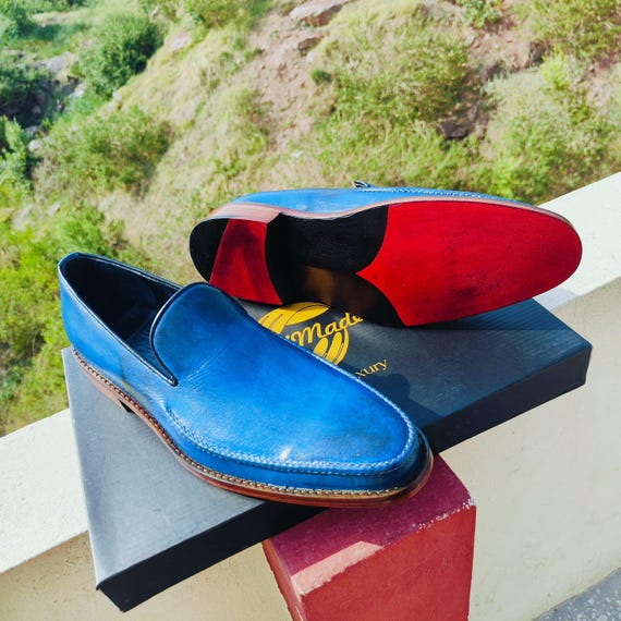 Custom Handmade Mens Genuine Blue Leather Shoes Slipon Oxford