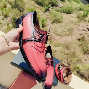 Men Handmade Pink Leather Oxford Formal Wedding Lace Up Dress Shoes Patina Shoes