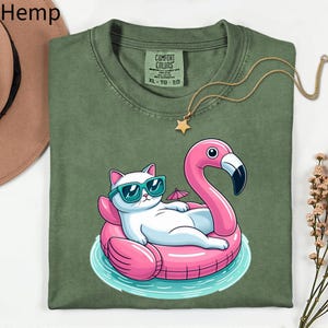 Cool Cat Flamingo Float Shirt, Summer Beach Shirt, Funny Cat Graphic Tee, Comfort Colors Unisex Tee, Chill Cat T-Shirt Gift, Cat Summer Gift