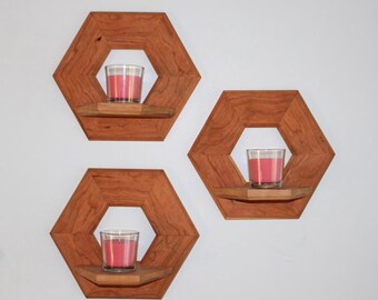 Handmade Wooden Geometric Plant Shelf made from solid Cherry Hardwood