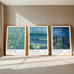 Van Gogh Wall Art 3er Set, Mandelblüte, Meerlandschaft, Sternennacht über der Rhone, printable, Natur & Himmel Digitales Poster-Trio, Print-Serie