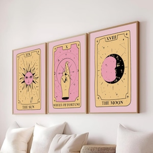 Mystische Tarot-Kartenkunst, 3er-Set, druckbare Kunst, Sonne Der Mond Die Hohepriesterin Wheel of Fortune Tarot-Druck, himmlische Wanddrucke