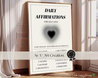 Daily Affirmations Art Print, Black & Grey Heart, Inspirational Self-Love