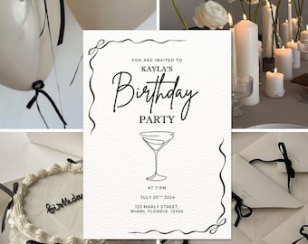 Black Bow Invitation Card Editable Template, Black Bow Birthday Invitation, Elegant Party Template
