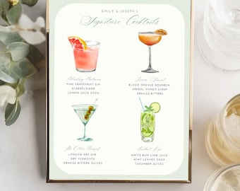 Puede incluir: Una impresión enmarcada con cuatro ilustraciones de cócteles en acuarela. La impresión incluye el texto "Emily & Joseph's Signature Cocktails" y enumera los ingredientes de cada bebida, como ginebra y vermut.