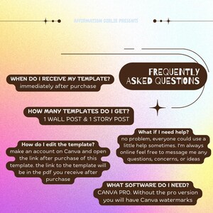May include: A graphic with the text "FREQUENTLY ASKED QUESTIONS" and answers about a template. The questions include when the template is received, the number of templates, editing instructions, help options, and software requirements.