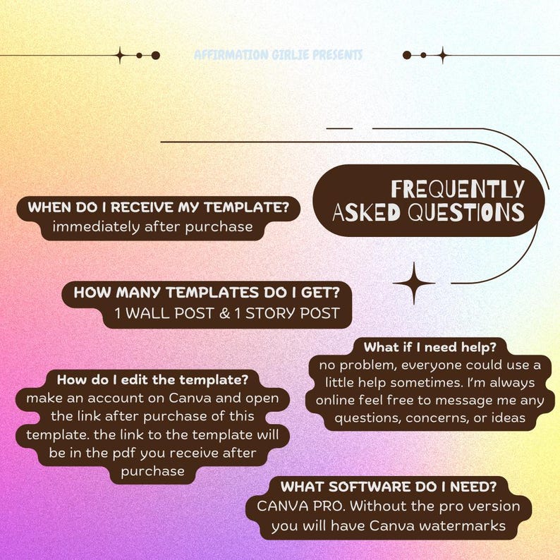 May include: A graphic with the text "FREQUENTLY ASKED QUESTIONS" and answers about a template. The questions include when the template is received, the number of templates, editing instructions, help options, and software requirements.