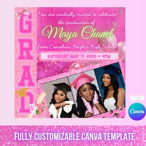 May include: Pink and white graduation invitation with a pink glitter background. The invitation says "You are cordially invited to celebrate the graduation of Maya Chanel from Crenshaw Heights High School Saturday, May 17, 2025 at 4 PM". There are three photos of graduates in caps and gowns.