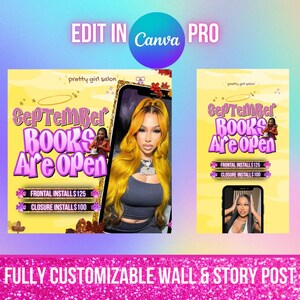 May include: A promotional graphic with the text "September Books Are Open" in purple and white. The image includes a photo of a woman with long yellow hair and a phone displaying a similar image. The graphic also states "Frontal Installs $125" and "Closure Installs $100".