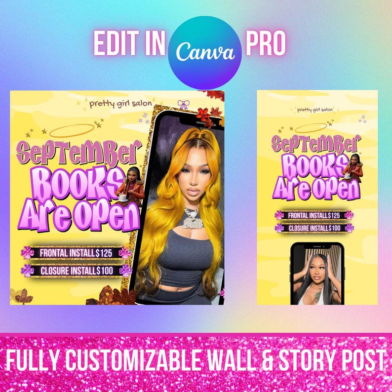 May include: A promotional graphic with the text "September Books Are Open" in purple and white. The image includes a photo of a woman with long yellow hair and a phone displaying a similar image. The graphic also states "Frontal Installs $125" and "Closure Installs $100".