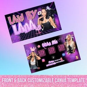 Peut inclure: Deux modèles de cartes de visite avec un design rétro violet et rose. La carte de devant indique "Laid by Lana" avec une photo d'une femme. La carte arrière indique "Scan Me" avec des codes QR et des réseaux sociaux. Le texte "Front & Back Customizable Canva Template" est en bas.