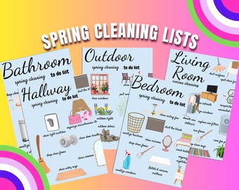 Puede incluir: Listas de verificación de limpieza de primavera para el baño, el pasillo, el exterior, el dormitorio y la sala de estar. Cada lista incluye tareas de limpieza ilustradas, como quitar el polvo, limpiar ventanas y desinfectar superficies.