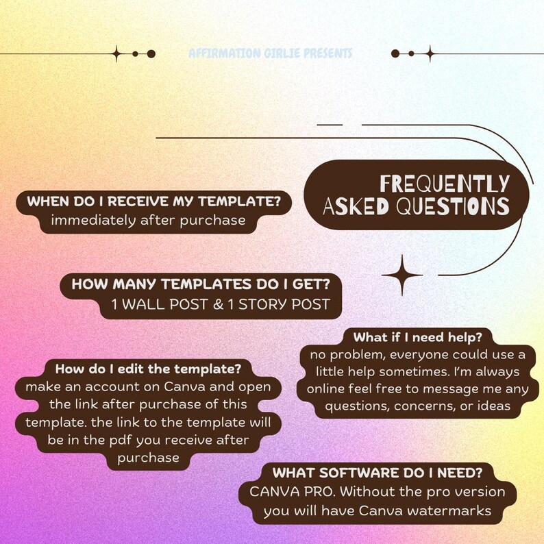 May include: A graphic with the text "AFFIRMATION GIRLIE PRESENTS" and "FREQUENTLY ASKED QUESTIONS." It answers questions about templates, including how to edit them and what software is needed.
