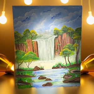 Serene Waterfall Painting | Original Nature Art 20x16 | Lush Greenery and Flowing Water - Peaceful Landscape Hand-Painted Canvas Decor Gift