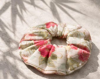 Elástico de cabelo estilo quimono vintage | Rosa com estampa floral de sakura e dourada | Acessório de cabelo japonês