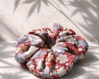 Red & Purple Vintage Kimono Scrunchie | Japanese Floral Hair Accessory | Soft Elegance Style