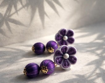 Brincos de flor de quimono roxo | Joias têxteis japonesas | Brincos de arte para usar