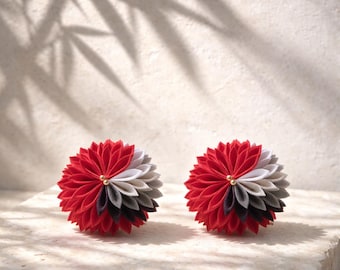 Brincos de flor de quimono vermelho e preto | Brincos de tecido japonês | Joias elegantes e marcantes