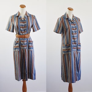 Vintage Shirtdress, Striped Dress, Collared House Dress, Short Sleeve Dress, Patch Pocket Dress, Medium image 1