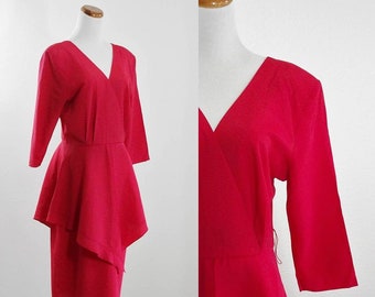 Vintage Red Peplum Dress, 80s does 40s Cocktail Dress, 1980s Peplum Dress, Red Dress, Part Dress, V Neck Dress, Medium