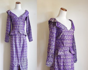 Vintage Silk Cocktail Dress, Metallic Peacock Dress, Peplum Waist Dress, 50s 60s Dress, Purple Party Dress, Long Sleeve Dress, XS AS IS