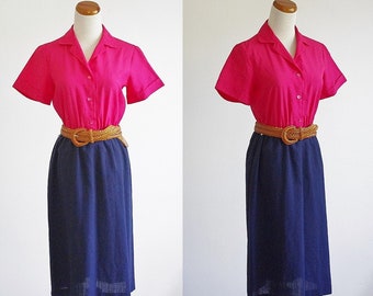 Vintage Womens Shirtdress, Pink & Navy Blue Colorblocked Dress, Collared Button Down Shirtwaist Dress, Short Sleeve Dress, 70s Dress, Medium