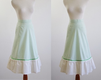 Vintage Seersucker Skirt, Handmade A Line Skirt, Green and White Skirt with Ruffle Eyelet Hem, Summer Striped Skirt, XS Small