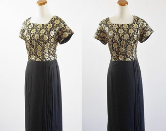 Vintage 50s Dress, 1950s Metallic Brocade Dress, Black Chiffon Dress, Cocktail Dress, Short Sleeve Dress, Square Neck, XL Plus Size