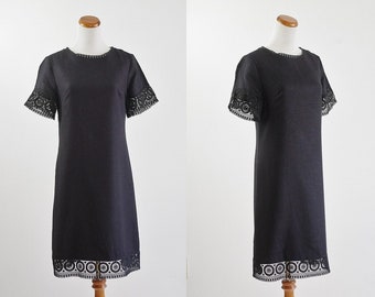 VIntage Mod Dress, Black Shift Dress, Crochet Lace Trim Dress, 60s Dress, Short Sleeve Dress, Medium