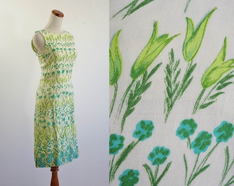 Vintage 60s Linen Dress, Spring Botanical Print Garden Dress, Cream, Blue & Green Dress, Bateau Neckline Sleeveless Spring Dress, XS Small