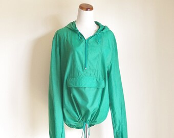 Vintage Green Jacket, Mens Jacket, Kelly Green Pullover Jacket, Nylon Jacket, 80s Jacket, Hooded Jacket, Jacket with Hood, Windbreaker