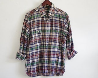 Vintage Mens Plaid Shirt, Cotton Button Down Shirt, Long Sleeve Collared Shirt, XL XXL