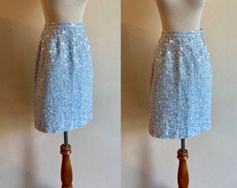 Vintage 60s Skirt, Brocade Skirt, Blue Floral Skirt, 1960s Pencil Skirt, XXS XS