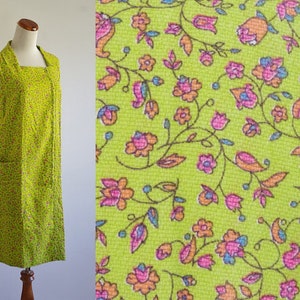 Vintage Liberty Print Dress, 60s Playdress, Floral Housedress, Lime Green Dress, Sleeveless Smock Dress, Zip Front Dress, Large image 1