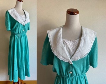 Vintage 80s Dress, Teal Blue Green Dress, Elastic Waist Dress, Shawl Collar Dress, Short Sleeve Dress, Large