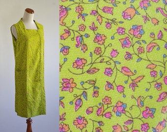 Vintage Liberty Print Dress, 60s Playdress, Floral Housedress, Lime Green Dress, Sleeveless Smock Dress, Zip Front Dress, Large